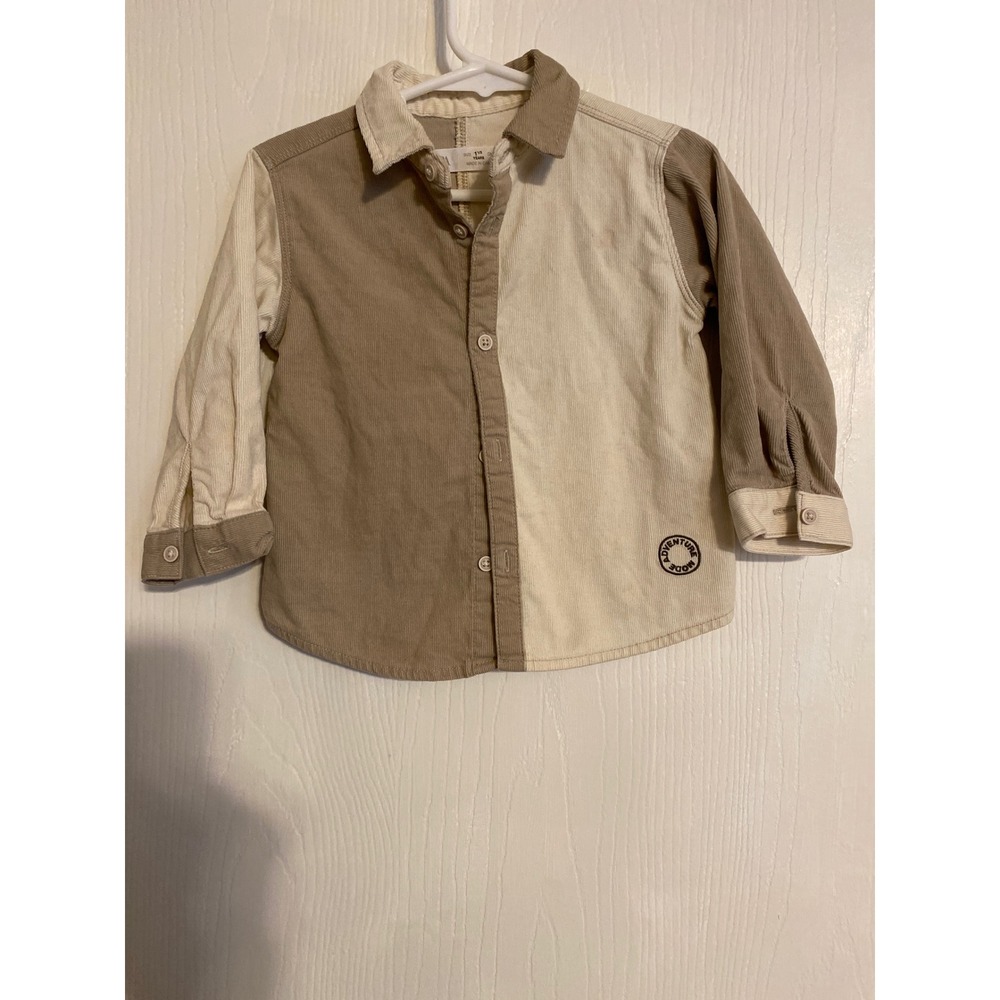 Zara Kids Colorblock Corduroy Button Down Shirt Tan Cream Adventure ModeSize 18M